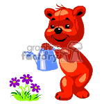 Teddy bear watering the flowers.
