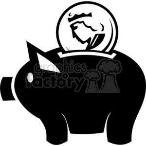 Black and white clipart image of a piggy bank with a coin featuring a profile of a person's head being inserted.