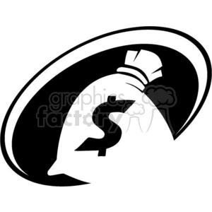 A clipart image of a money bag with a dollar sign on it, encircled by a swoosh or arch shape.