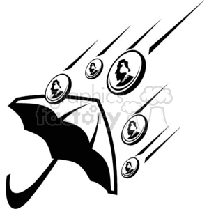 A black and white clipart illustration depicting an umbrella protecting against falling coins.
