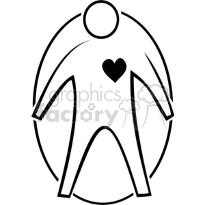 A simple black and white clipart image of a human figure with a heart symbol on the chest, encased within an oval shape.