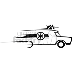 A black and white clipart image of a speeding ambulance with a medical cross symbol and emergency lights on top.