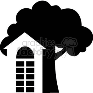 A simple black and white clipart image featuring a house with large windows next to a tree with a large canopy.