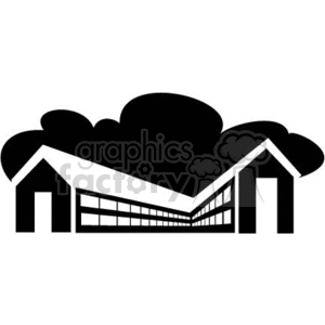 Clipart image of a modern, stylized school building with large black clouds in the background.