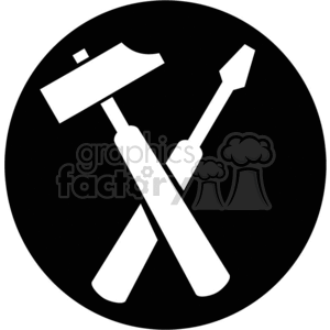 A black and white clipart image featuring a hammer and a screwdriver crossed over each other inside a circular border.