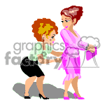 The clipart image depicts two animated characters, one standing and one kneeling. The kneeling character appears to be assisting the standing character by tying or adjusting the back of her pink dress.