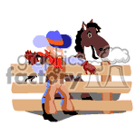The clipart image displays a cowboy leaning on a wooden fence with a horse standing behind the fence. The cowboy appears to be wearing a cowboy hat, a long-sleeved shirt, gloves, and boots, and is tipping his hat in a gesture. The horse has a main body color of brown with a darker mane and tail.