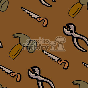 Clipart pattern featuring hand tools including hammers, saws, and pliers on a brown background.
