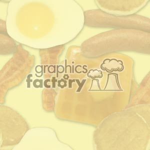 A clipart image featuring a variety of breakfast foods, including a sunny-side-up egg, strips of bacon, sausages, a waffle with butter, and pancakes.