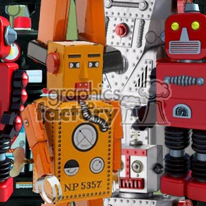 A collection of colorful, vintage toy robots with various designs, buttons, and antennae.