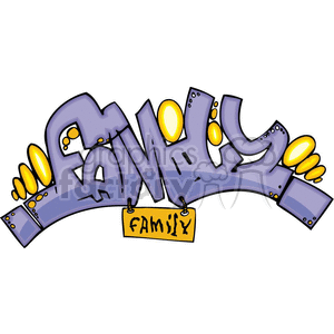 A colorful graffiti-style image with the word 'Family' written in large, stylized letters. The letters are decorated with yellow accents and a small sign hanging from the bottom with the same word.
