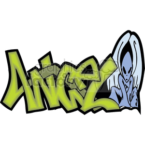 Graffiti-style clipart featuring the word 'Angel' in bright green with black outlines. Alongside it is a blue alien-like figure seated with wings.