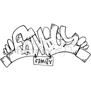 A black and white clipart image featuring the word 'FAMILY' in a graffiti-style font, with each letter embellished with unique patterns. The word appears to be held up by two hands from behind, and a small tag hanging below also reads 'family'.