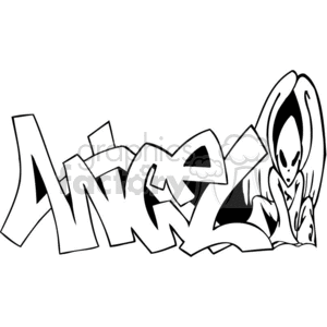 Black and white clipart of the word 'Angel' in graffiti style, featuring a sketch of an angelic figure with wings