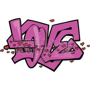 Graffiti-style illustration of the word 'LOVE' in bold pink lettering, adorned with numerous small red hearts.