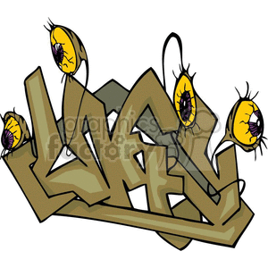 Graffiti-style lettering with an abstract design, featuring multiple yellow eyes with purple pupils and black outlines.