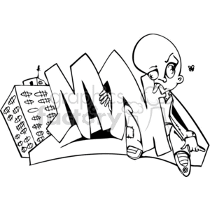 This clipart image features an urban cartoon illustration with a large, stylized 'MM' graffiti tag in the background. A cartoon character with an oversized head is sitting next to the graffiti, looking pensive. In the background, there is a building with various doodles, and a small insect is hovering near the character.