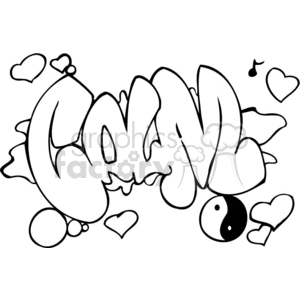 A black and white clipart image featuring the word 'Calm' in a graffiti font. The image includes various elements like hearts, and a yin-yang symbol, all designed to convey a sense of tranquility and peace.