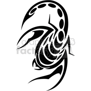 A black and white tribal-style illustration representing the zodiac sign Scorpio. The design features abstract, curved lines forming the shape of a scorpion.
