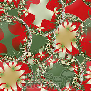 A vibrant and festive pattern featuring circular designs in red, green, and beige with intricate details, creating a Christmas-themed abstract artwork.