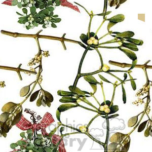 This clipart image features mistletoe branches, some of which are adorned with red ribbon bows. The branches are depicted in a repeating pattern with a white background.