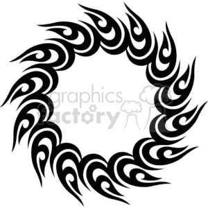 A circular tribal tattoo design with a flame-like pattern in black.