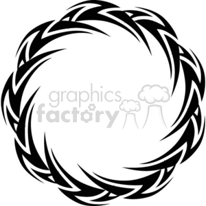 A circular tribal tattoo design made up of intertwined sharp black lines forming a complex pattern.