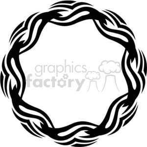 Clipart image of a circular tribal design with intertwining, wavy black lines creating a symmetrical pattern.