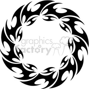 A black and white circular tribal design clipart featuring a continuous loop of abstract shapes forming a symmetrical ring.