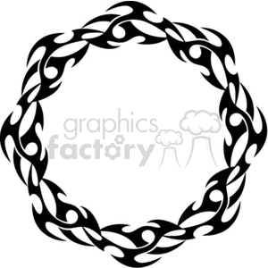 A circular tribal tattoo design in black, featuring interlocking flame-like patterns.