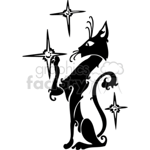 The clipart image shows a stylized, silhouetted cat with decorative curves and swirls, appearing to stand on its hind legs and reaching out towards three stylized stars.