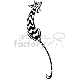 The clipart image depicts a stylized, stripped silhouette of a cat. The cat appears to be in an elegant and graceful pose, with its body and tail featuring distinct stripes or spots, giving it a decorative appearance. The design is black and white and seems to be optimized for vinyl cutting or signage purposes due to its bold lines and clean edges, which are typical for vinyl-ready artwork.