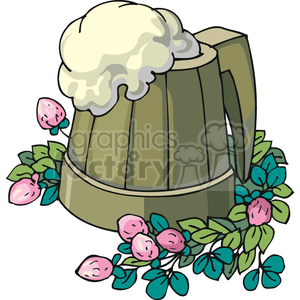 An overflowing mug of beer surrounded by green leaves and pink clover flowers, symbolizing a festive atmosphere.