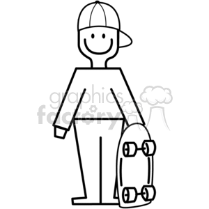 A stick figure of a boy wearing a cap and holding a skateboard, suitable for vinyl decals or stickers.