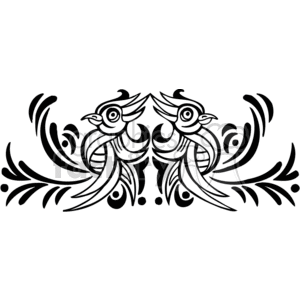 A black and white clipart image featuring two symmetrical stylized birds facing each other, with ornamental swirls and abstract patterns.