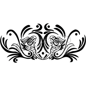 A decorative black and white tribal pattern featuring two symmetrical stylized birds with flowing lines and abstract shapes.