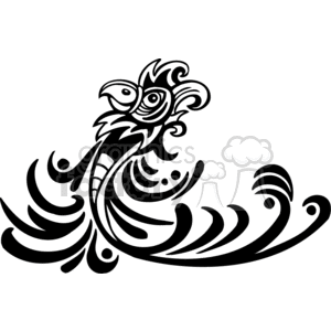 A black and white tribal-style clipart image of a stylized bird, featuring intricate patterns and flowing lines.