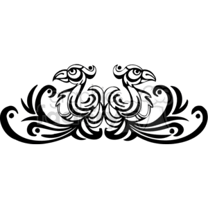 A black and white tribal-style clipart image featuring two stylized birds facing each other with intricate swirl patterns.