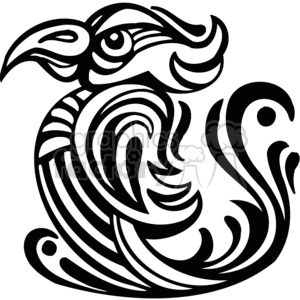 A black and white tribal-style clipart image of a stylized bird with intricate, flowing patterns.