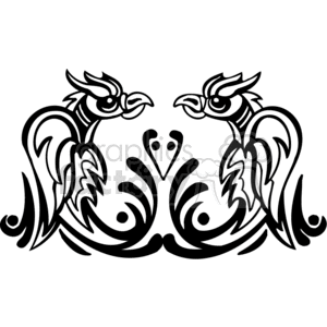 Symmetrical tribal-style clipart image featuring two stylized birds facing each other with intricate swirled patterns.