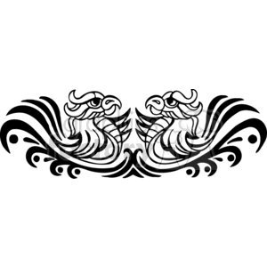 A symmetrical black and white tribal-style clipart featuring two stylized bird heads facing each other, surrounded by intricate swirling patterns.