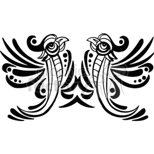 This clipart image features a symmetrical black and white design of two stylized birds with elaborate wings and curved decorations.