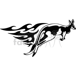 A stylized black and white clipart of a kangaroo with flame-like designs.