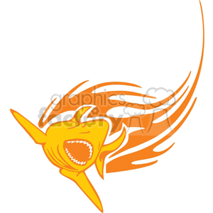 A vibrant, stylized yellow shark with an open mouth, emphasizing its sharp teeth, depicted with orange streamlined flames in a dynamic and energetic pose.