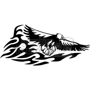 This clipart image features a stylized black and white depiction of an eagle in flight with its wings spread out. The eagle appears majestically above tribal flame graphics, symbolizing power and freedom.