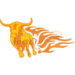 A stylized, fiery bull illustration in vibrant orange and yellow colors with flame-like trails extending from its body.