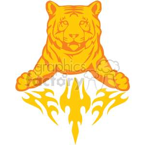 A vibrant, stylized clipart image of a tiger leaping forward with abstract flames below its paws, predominantly in shades of yellow and orange.