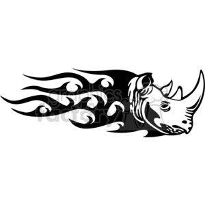 A stylized black and white tribal tattoo design of a rhinoceros head with flowing flames.