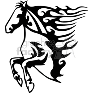 This is a black and white clipart image of a stylized horse with flames integrated into its flowing mane and body.