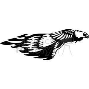This clipart image depicts a stylized eagle in flight with flame-like wings. The design is in black and white, showcasing dynamic motion through the flowing contours of the feathers that resemble flames.